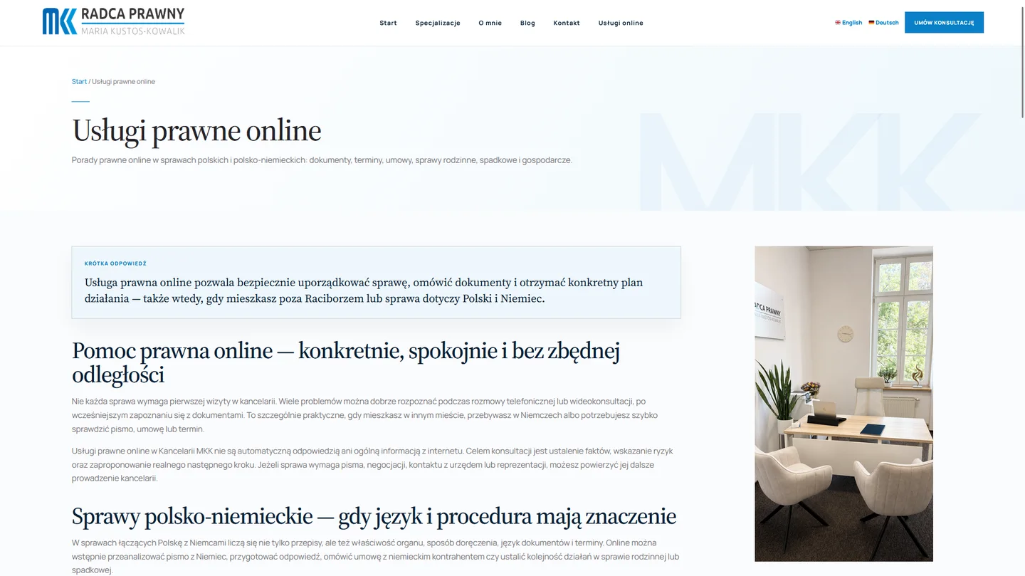 Kancelaria MKK online legal services page