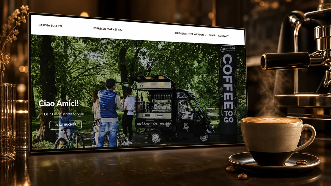 Espresso Mobil website case study in a premium coffee-bar setting.